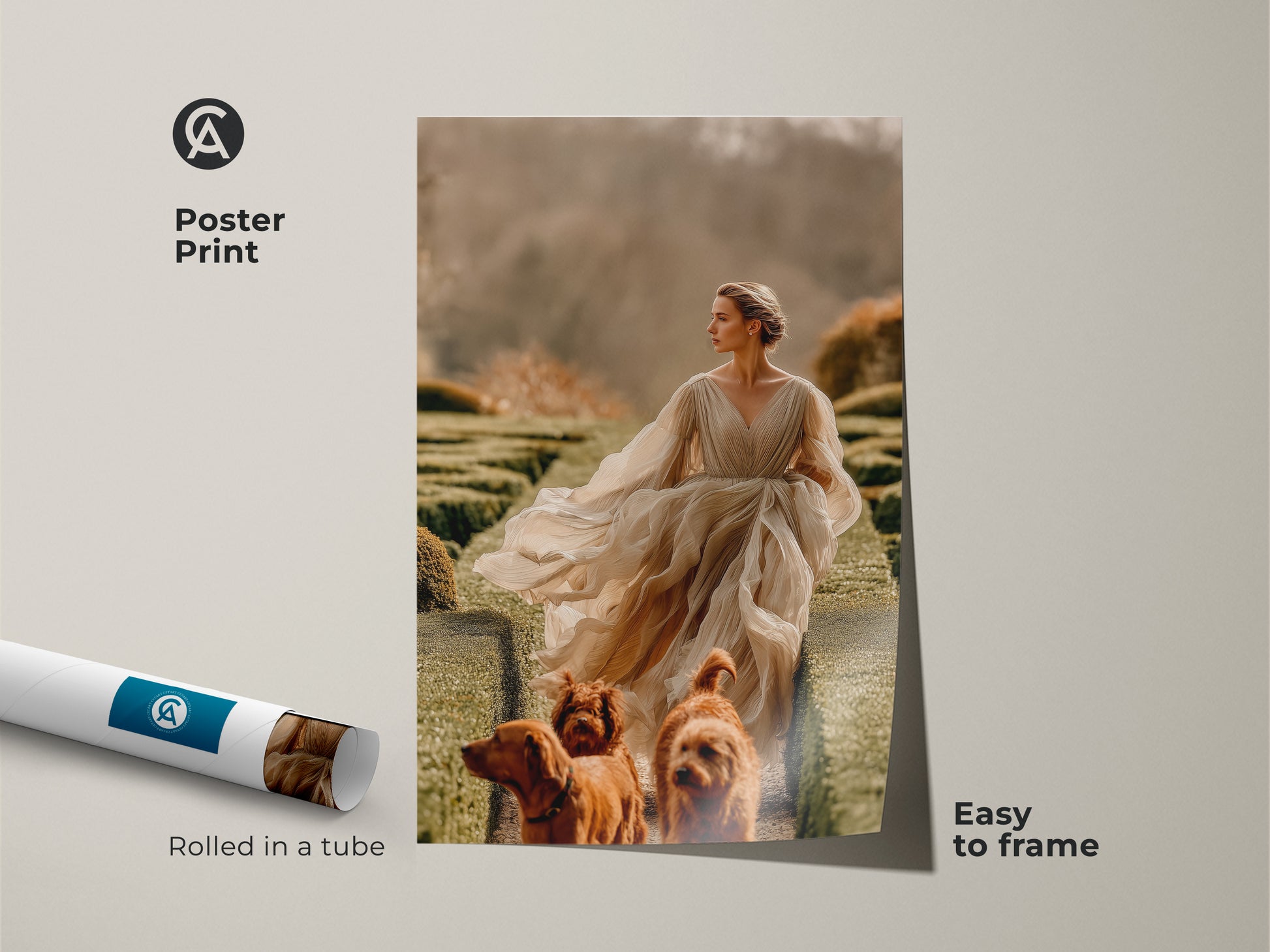 Romanticism poster print shows a woman walking her dogs in a lush garden maze. The painterly art is easy to frame. This wall hanging is perfect for dog lovers. It arrives rolled in a tube ensuring pristine condition for bedroom decor.