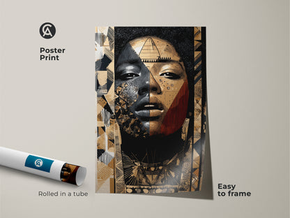 Poster print of an abstract woman portrait. Rolled in a tube and easy to frame. Features tribal geometric patterns in gold black and tan. A unique home decor gift for art lovers with modern taste.