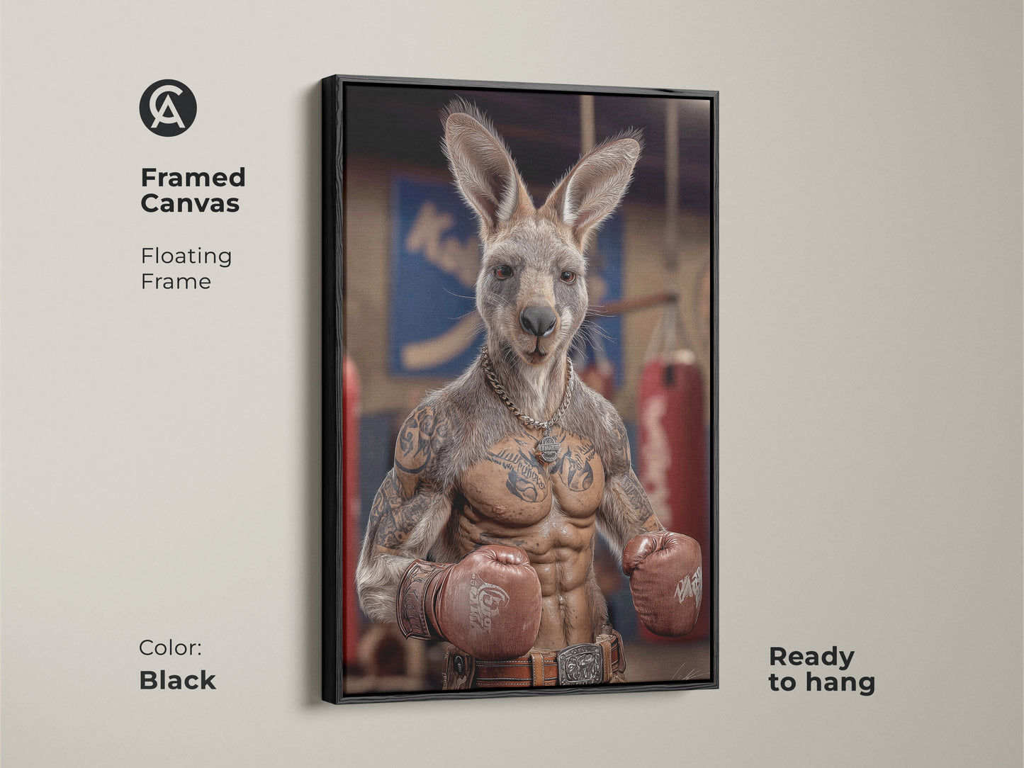 Framed canvas featuring a tattoo kangaroo boxer is ready to hang. A black floating frame complements the humorous animal artwork. Perfect for man cave wall decor. This photorealistic art print is a unique gift for boxing fans. It features industrial style with red boxing gloves