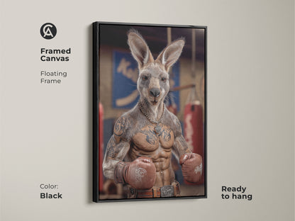 Framed canvas featuring a tattoo kangaroo boxer is ready to hang. A black floating frame complements the humorous animal artwork. Perfect for man cave wall decor. This photorealistic art print is a unique gift for boxing fans. It features industrial style with red boxing gloves