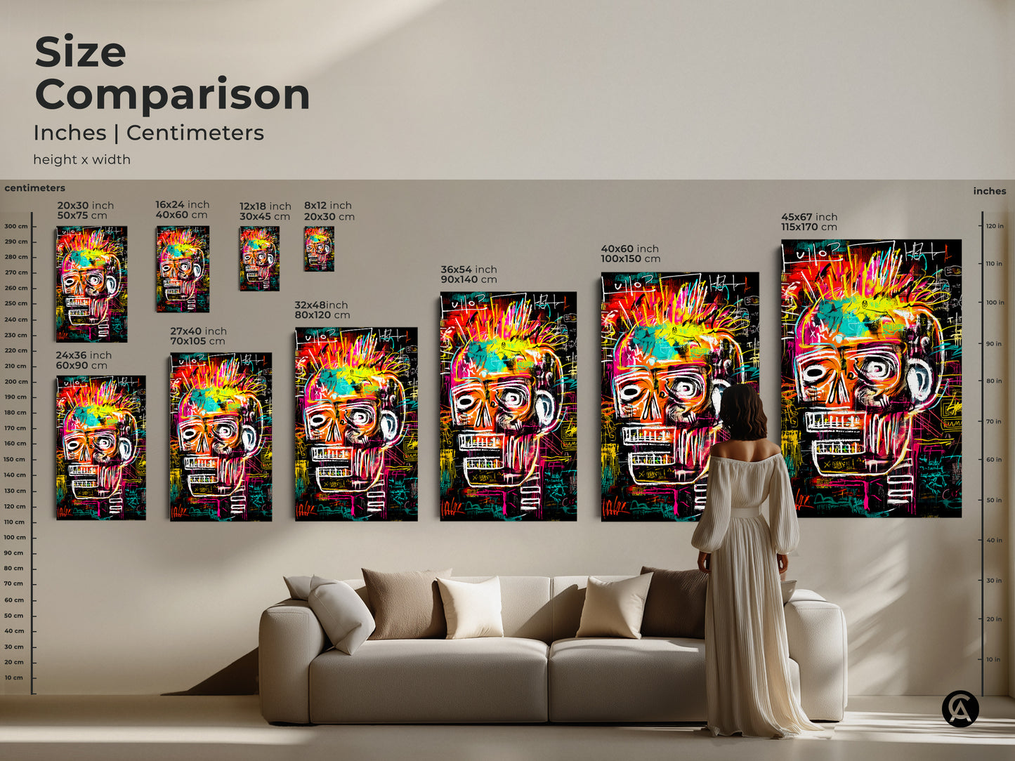 Size comparison of Basquiat-inspired skull artwork. See the art in various dimensions from 8x12 inch to 45x67 inch. Visualize the art above a sofa. Available as canvas or poster prints. Find the perfect size for your room.