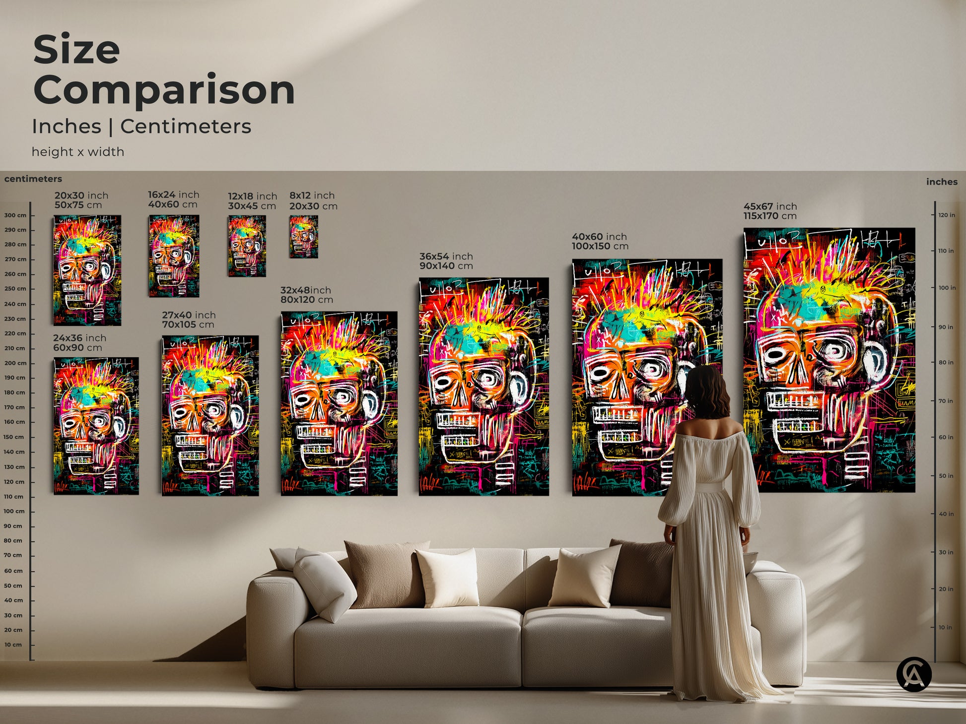 Size comparison of Basquiat-inspired skull artwork. See the art in various dimensions from 8x12 inch to 45x67 inch. Visualize the art above a sofa. Available as canvas or poster prints. Find the perfect size for your room.