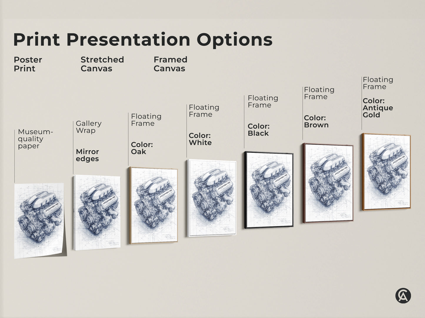 Print presentation options for Porsche engine artwork. Choose from poster stretched canvas and framed canvas. Each option displays the detailed engine drawing. They are perfect for automotive art.