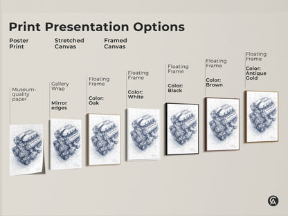 Print presentation options for Porsche engine artwork. Choose from poster stretched canvas and framed canvas. Each option displays the detailed engine drawing. They are perfect for automotive art.