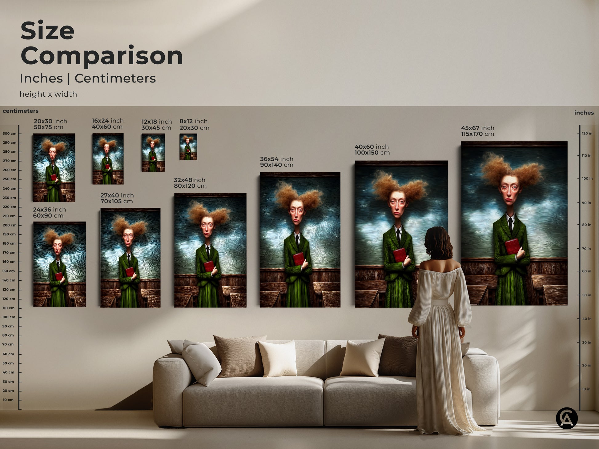 This size comparison shows inches and centimeters for various art print sizes. The artwork features a surreal woman in a green suit holding a red book. Sizes range from small to large. See how each size looks above a sofa. Choose the ideal size for your home decor.