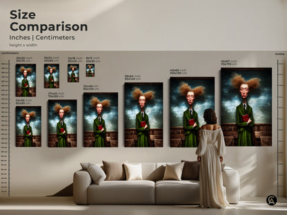 This size comparison shows inches and centimeters for various art print sizes. The artwork features a surreal woman in a green suit holding a red book. Sizes range from small to large. See how each size looks above a sofa. Choose the ideal size for your home decor.