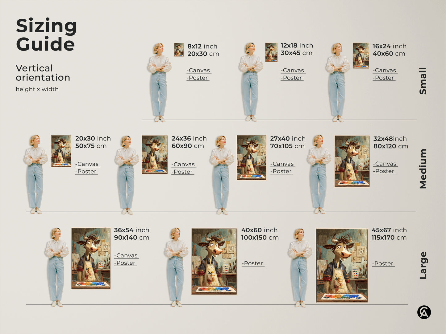 Sizing guide for the cartoon cow artist artwork. Vertical orientation options include canvas and poster prints in small medium and large sizes. Find the perfect fit for your space with this expressive animal art. Enhance your studio office or home with this unique and funny artwork.