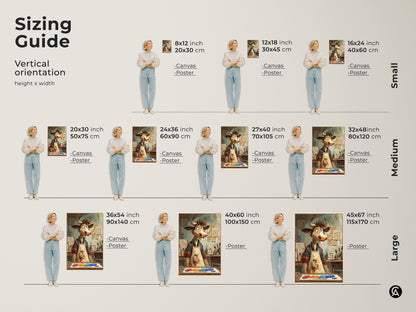 Sizing guide for the cartoon cow artist artwork. Vertical orientation options include canvas and poster prints in small medium and large sizes. Find the perfect fit for your space with this expressive animal art. Enhance your studio office or home with this unique and funny artwork.