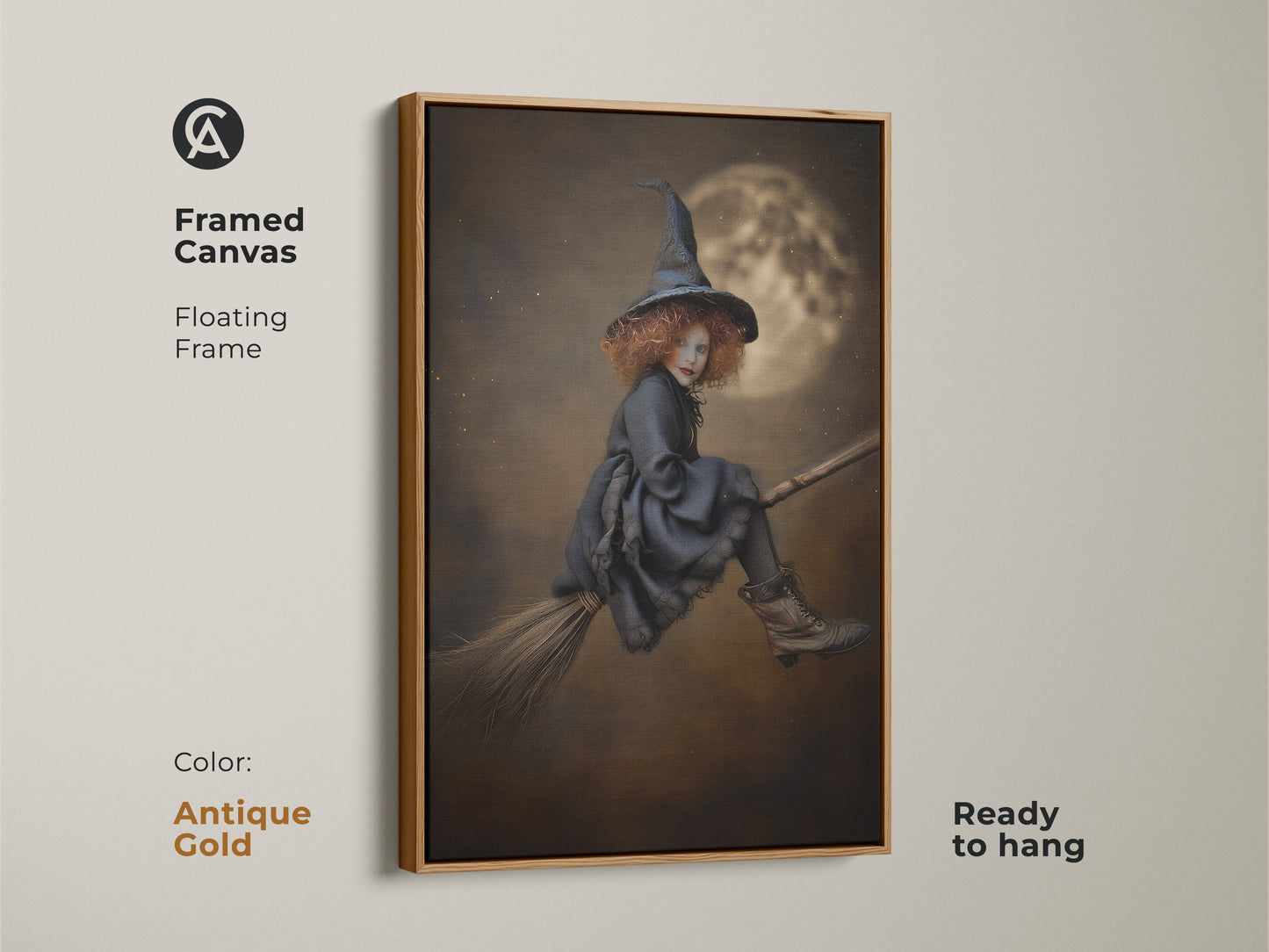 Antique Gold Framed Canvas showcasing gothic witch art. The floating frame elevates this Halloween fantasy art. Ready to hang childrens gothic decor. This magical moon art is perfect as a witchcraft gift idea.