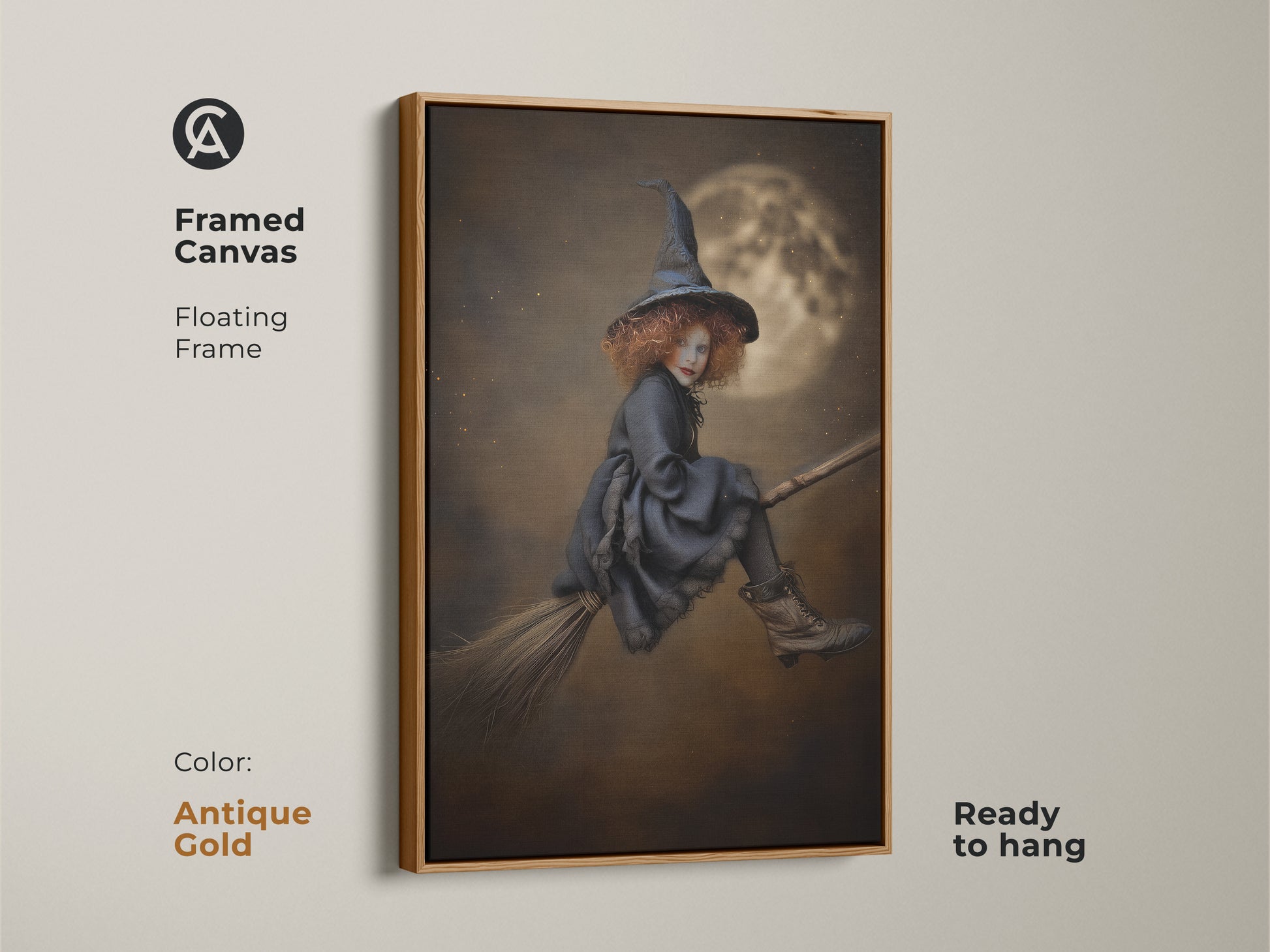 Antique Gold Framed Canvas showcasing gothic witch art. The floating frame elevates this Halloween fantasy art. Ready to hang childrens gothic decor. This magical moon art is perfect as a witchcraft gift idea.