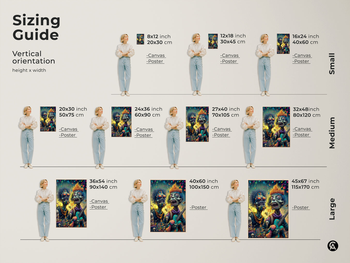 Sizing guide for zombie musician artwork. View vertical orientations and height x width options. Find canvas and poster sizes to fit your space. Perfect for home decor.