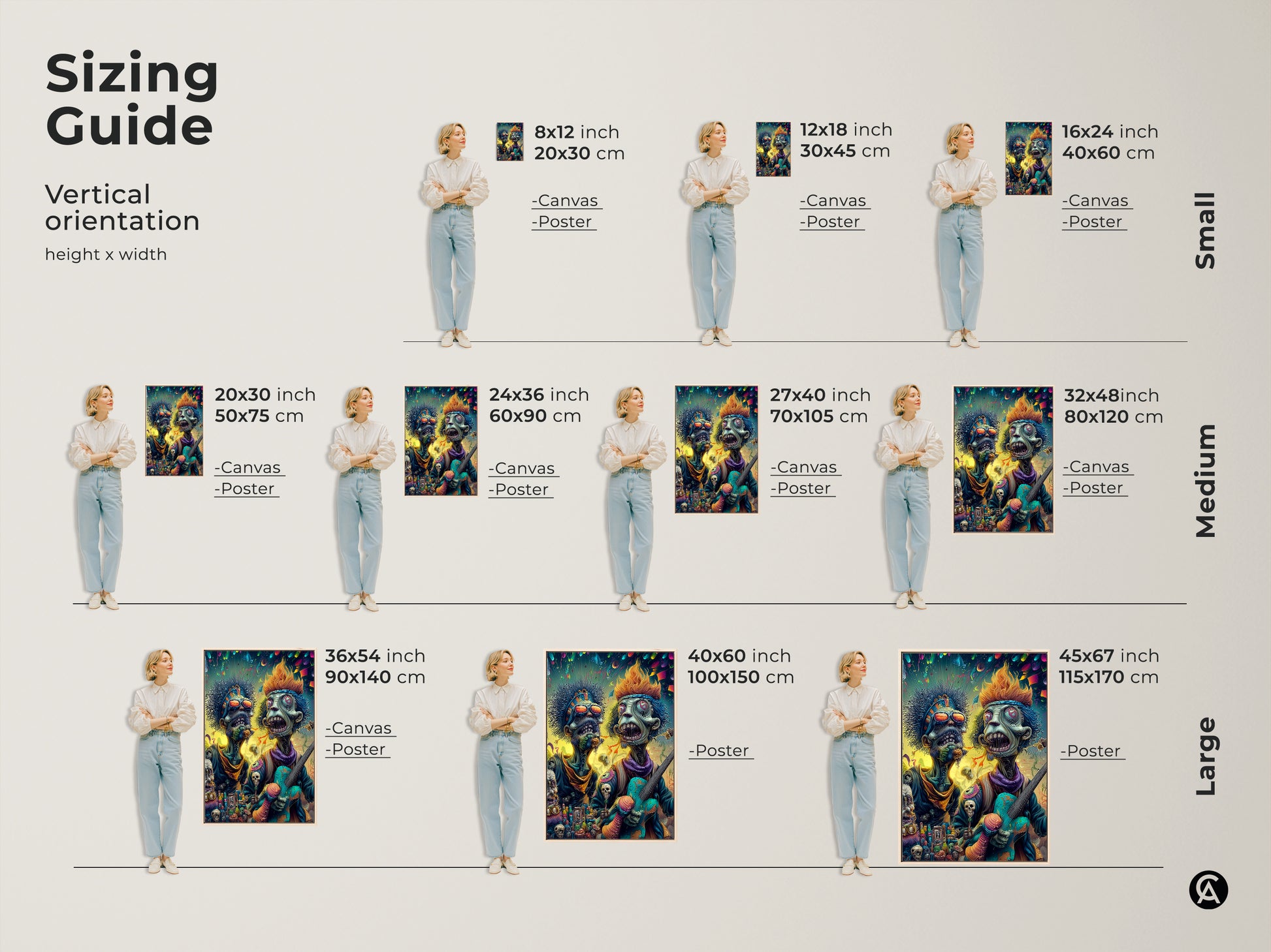 Sizing guide for zombie musician artwork. View vertical orientations and height x width options. Find canvas and poster sizes to fit your space. Perfect for home decor.