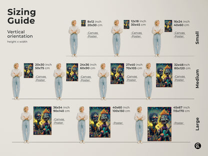 Sizing guide for zombie musician artwork. View vertical orientations and height x width options. Find canvas and poster sizes to fit your space. Perfect for home decor.