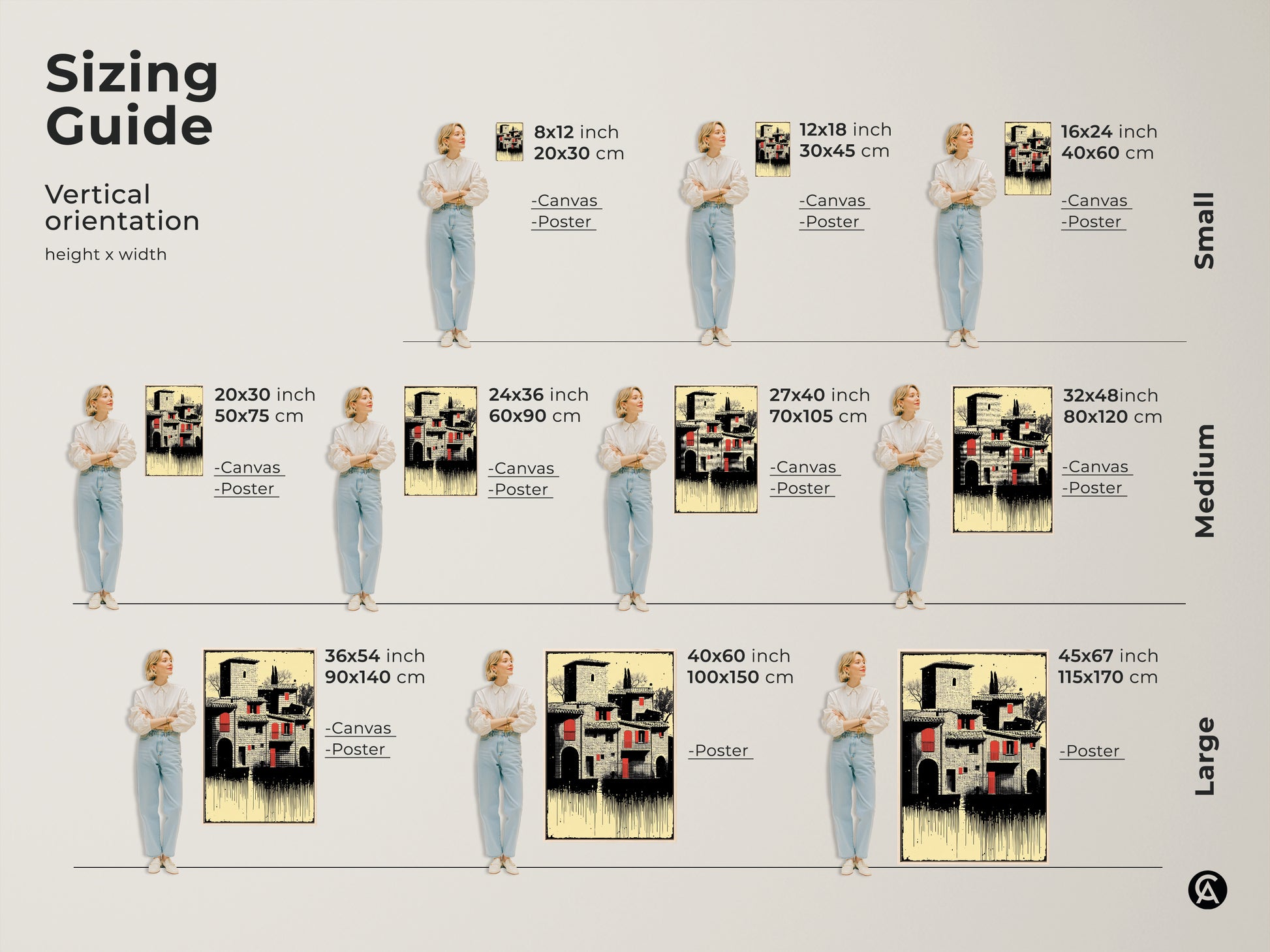 Sizing guide for the Tuscan village canvas print. Vertical orientation options include sizes from small to large. This Italian architecture artwork in cream red black palette fits travel enthusiasts and is ideal for eclectic home decor.