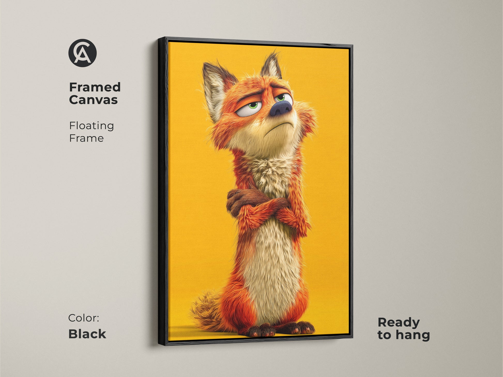 Framed canvas featuring whimsical fox artwork. The floating frame is black and ready to hang. This cute animal character print is ideal for kids room decor. The eclectic art has an orange yellow palette.