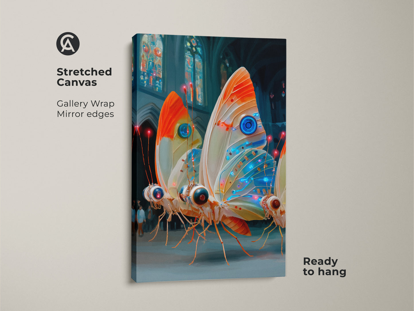 This surreal butterfly art print is on stretched canvas. Gallery wrap showcases mirror edges. The cyberpunk insect wall art is ready to hang. The electric blue orange teal art makes an eclectic living room art piece. It's futuristic insect artwork for a modern office.