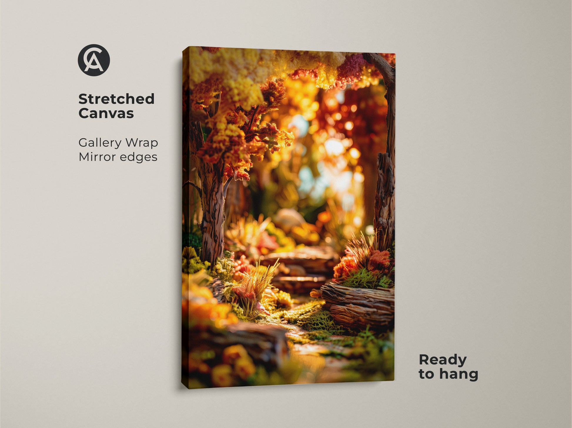 Stretched canvas artwork of a forest path. The gallery wrapped canvas has mirrored edges. The art depicts a sun dappled autumn forest path. The canvas is ready to hang and enjoy.