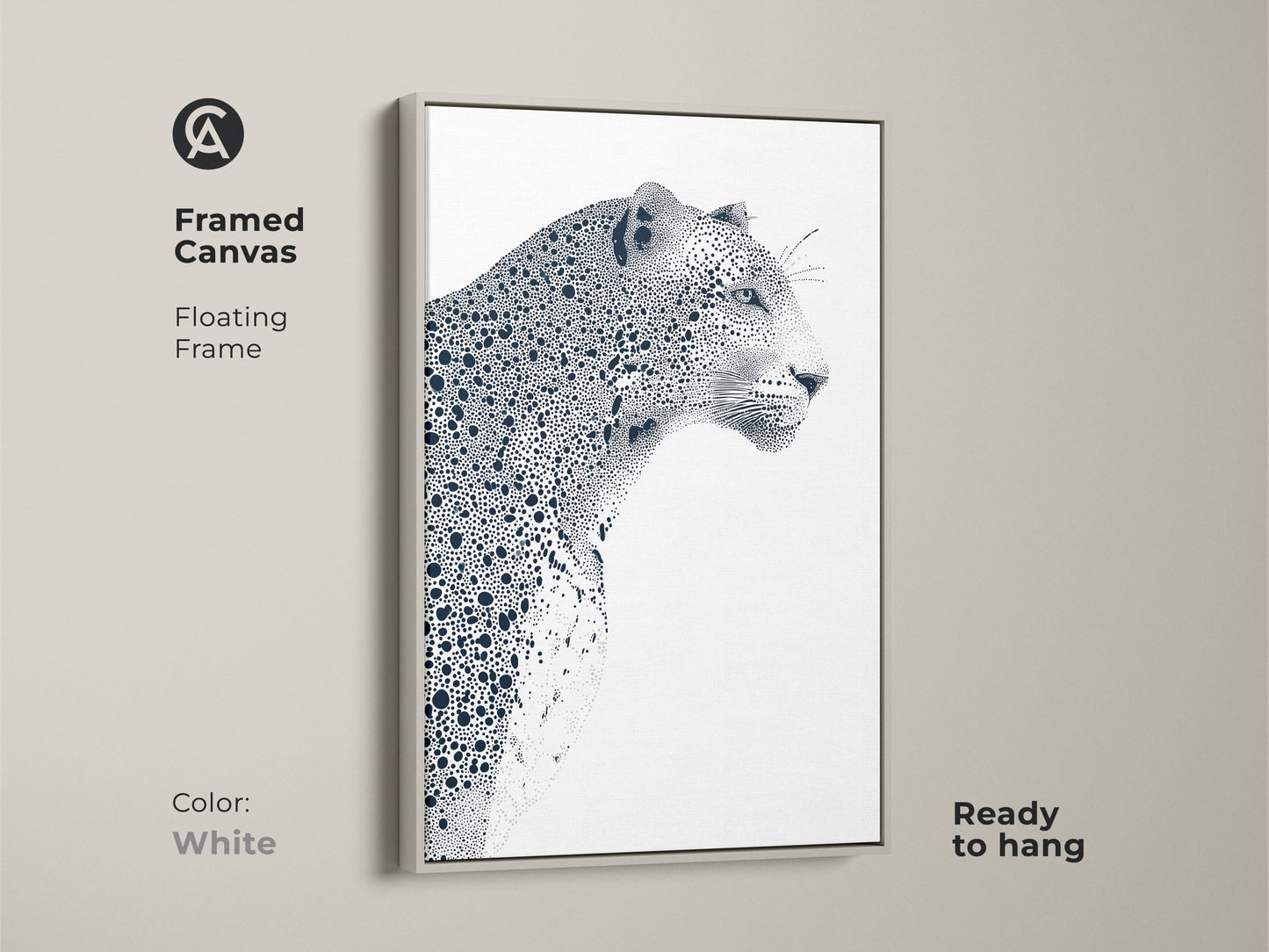 Framed canvas featuring a leopard artwork. This floating frame canvas is ready to hang. The white frame offers a clean and modern look. The black and white artwork adds a touch of sophistication to any room. Ideal for contemporary decor.