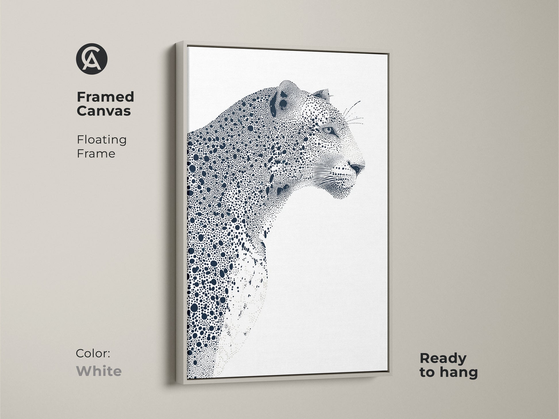 Framed canvas featuring a leopard artwork. This floating frame canvas is ready to hang. The white frame offers a clean and modern look. The black and white artwork adds a touch of sophistication to any room. Ideal for contemporary decor.