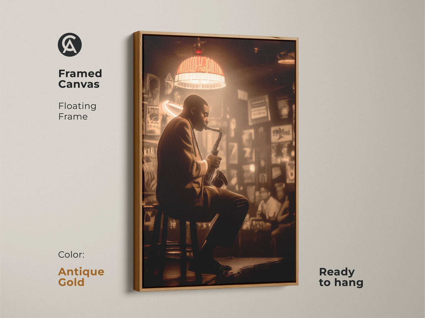 A framed canvas print features a jazz musician immersed in his saxophone. The floating frame is antique gold. The artwork offers a touch of classic elegance. This ready-to-hang piece brings the timeless appeal of jazz music to your decor. A perfect gift for jazz enthusiasts.