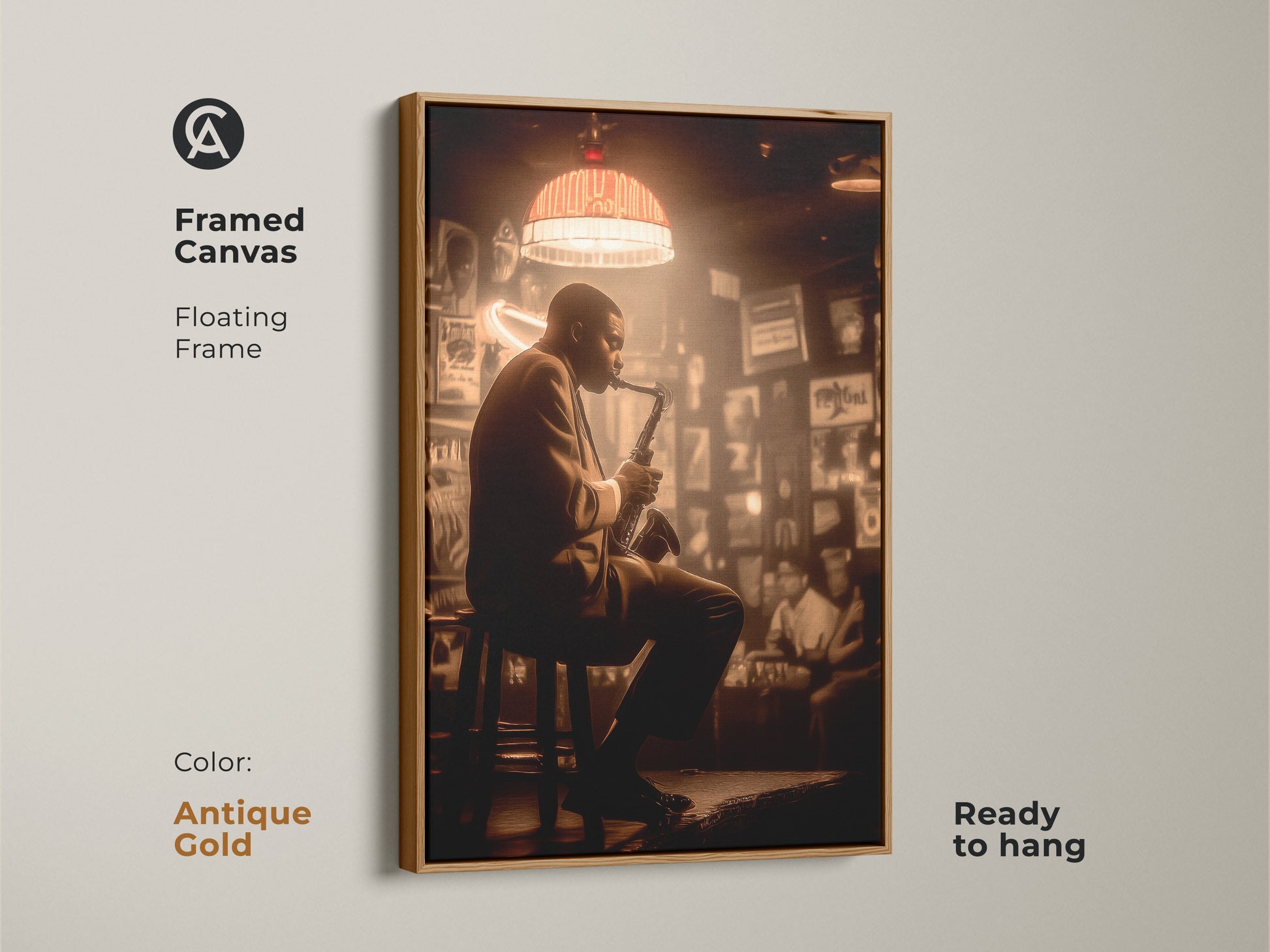 A framed canvas print features a jazz musician immersed in his saxophone. The floating frame is antique gold. The artwork offers a touch of classic elegance. This ready-to-hang piece brings the timeless appeal of jazz music to your decor. A perfect gift for jazz enthusiasts.
