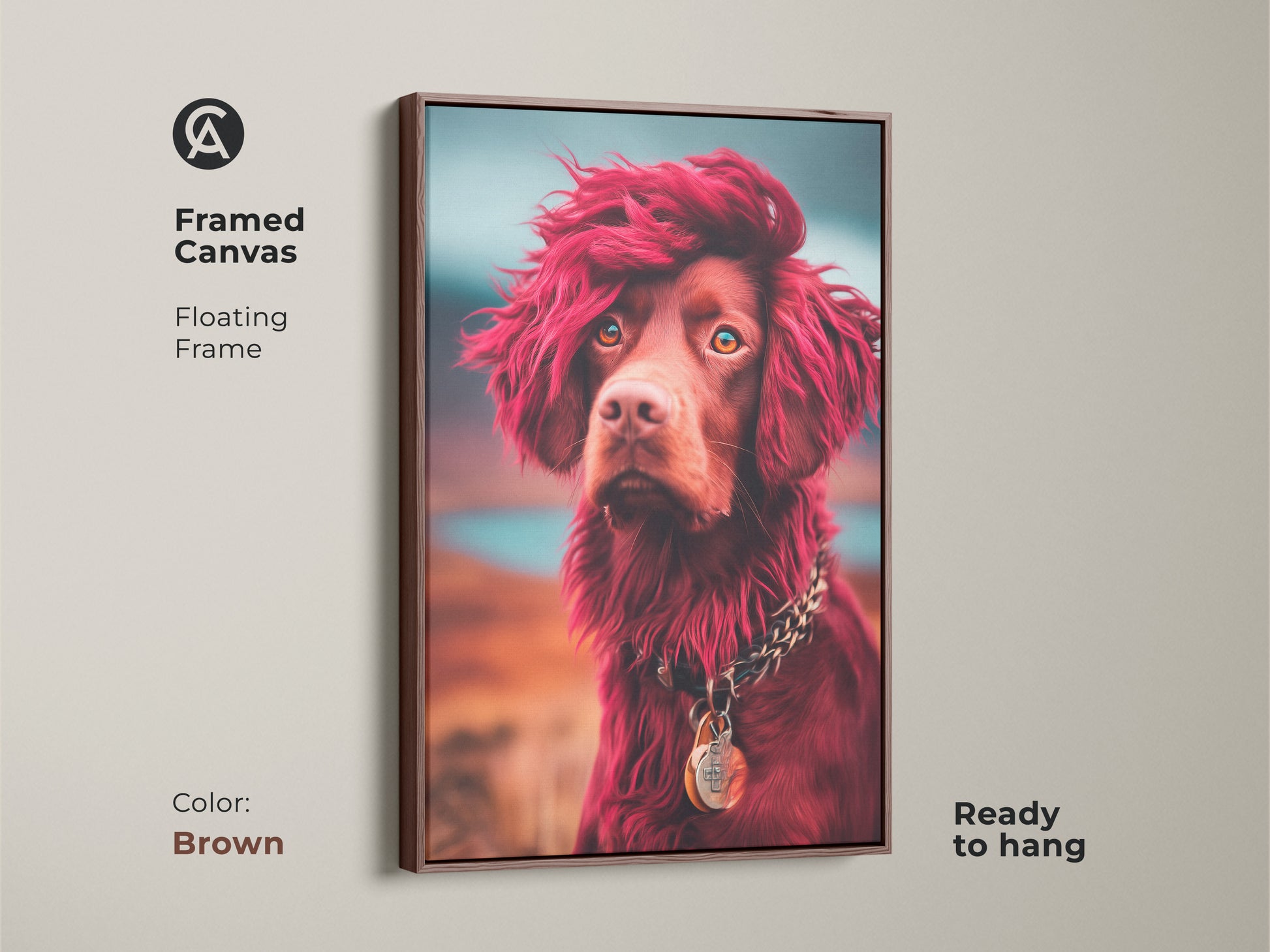 Brown framed canvas of a stylized dog portrait. This animal art features a red-haired brown dog wearing a chunky chain. Floating frame and ready to hang. This unique pet portrait is a great dog lover gift idea. Enhance your eclectic decor.