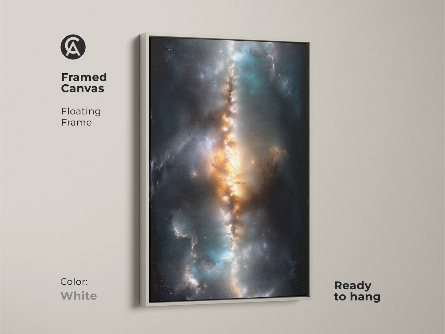 Nebula canvas art with a white floating frame. This ready-to-hang framed canvas provides a clean modern look. The white frame highlights the cosmic artwork. Ideal for adding a touch of celestial beauty to any room.