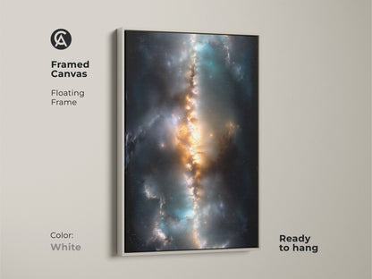 Nebula canvas art with a white floating frame. This ready-to-hang framed canvas provides a clean modern look. The white frame highlights the cosmic artwork. Ideal for adding a touch of celestial beauty to any room.