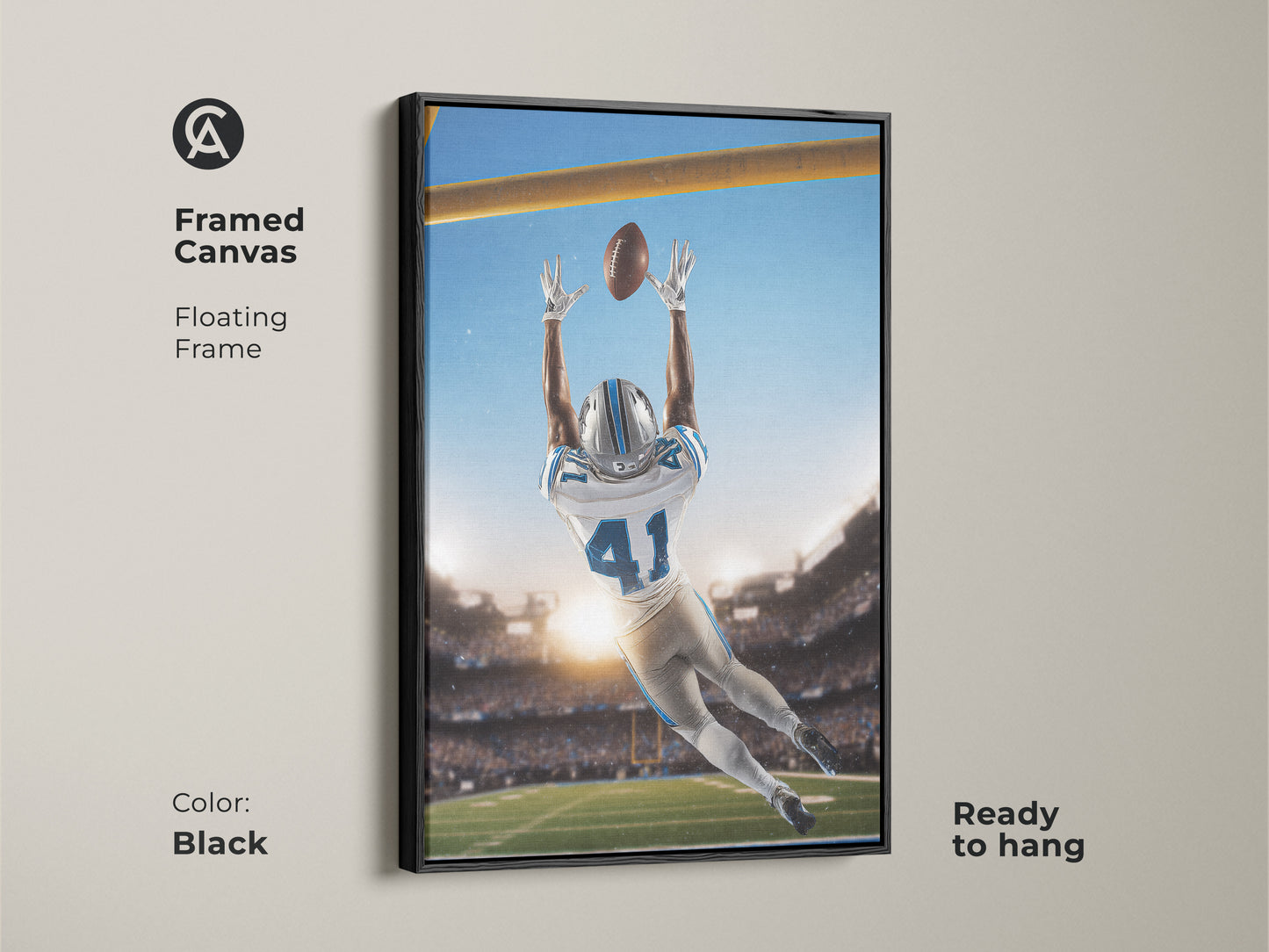 Enhance your decor with this framed football catch canvas. Features a sleek black floating frame and is ready to hang. A superb piece of man cave football decor.