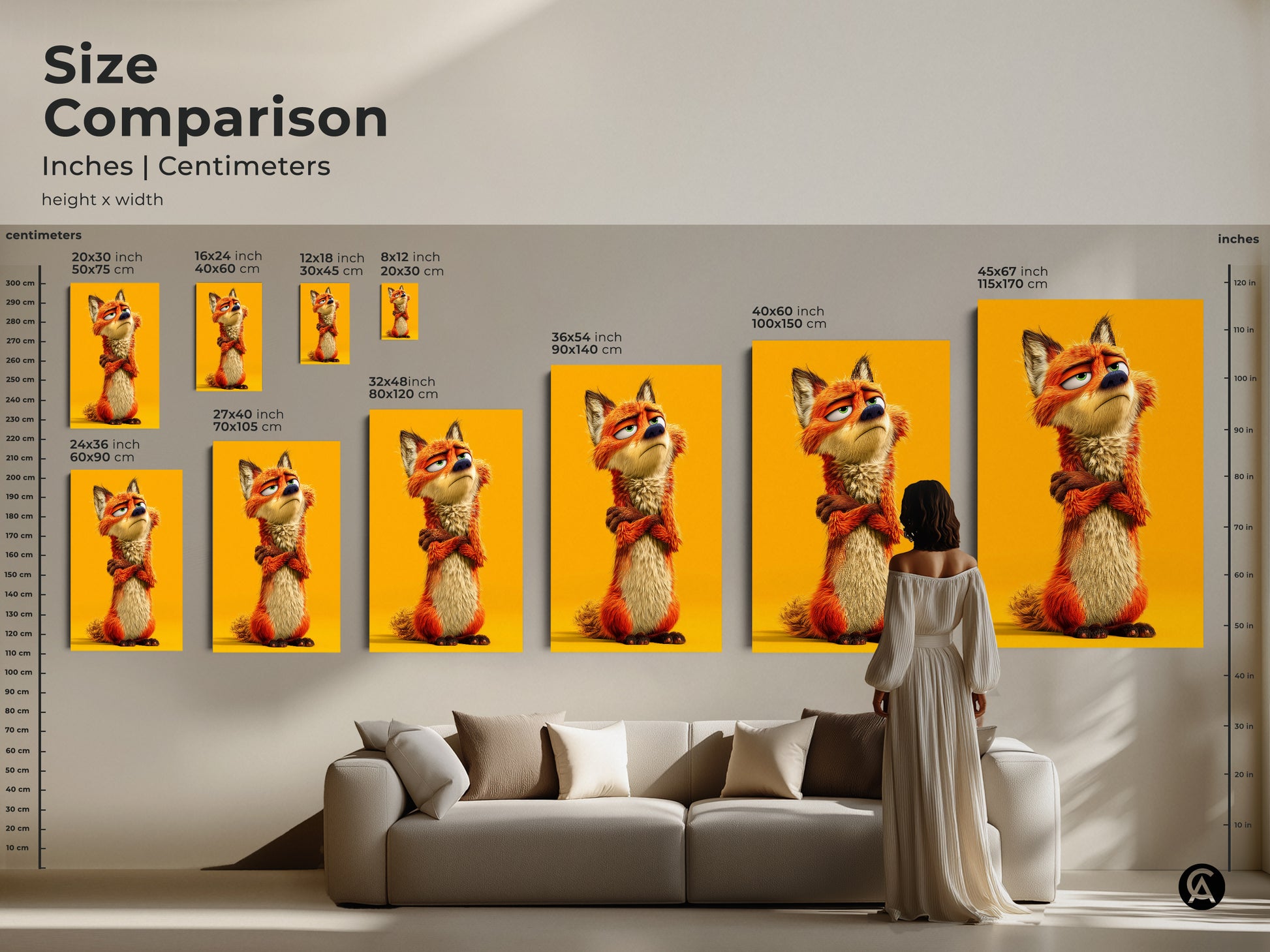 Size comparison of whimsical fox art prints. See various sizes in inches and centimeters. The cute animal character print is great eclectic decor. It uses an orange yellow palette. Perfect for kids room decor.