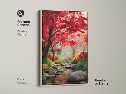 Framed canvas artwork showcasing a calming forest stream. The red trees create a vibrant display. The white floating frame offers a clean modern look. This ready-to-hang artwork enhances your space.
