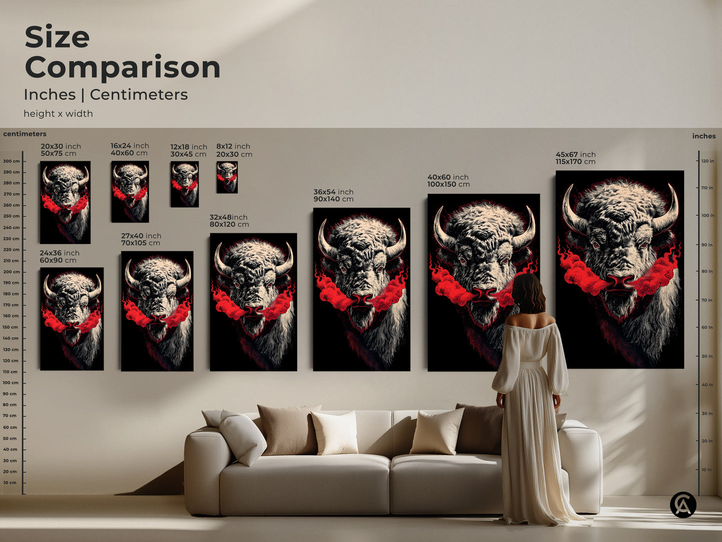 A size comparison showcasing various dimensions of bison canvas prints. Each option is perfect for different spaces. From small accents to large statements find the ideal size. Visualize how this wildlife artwork transforms your living room above the couch.