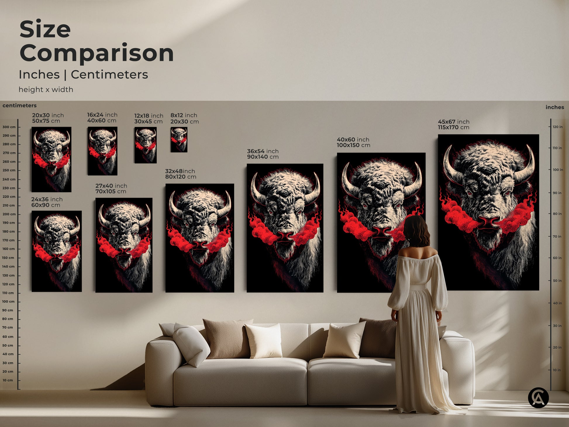 A size comparison showcasing various dimensions of bison canvas prints. Each option is perfect for different spaces. From small accents to large statements find the ideal size. Visualize how this wildlife artwork transforms your living room above the couch.