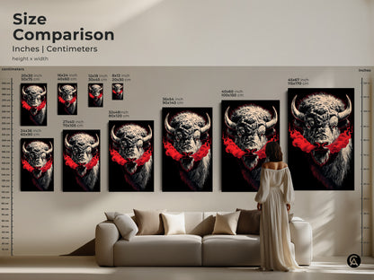A size comparison showcasing various dimensions of bison canvas prints. Each option is perfect for different spaces. From small accents to large statements find the ideal size. Visualize how this wildlife artwork transforms your living room above the couch.