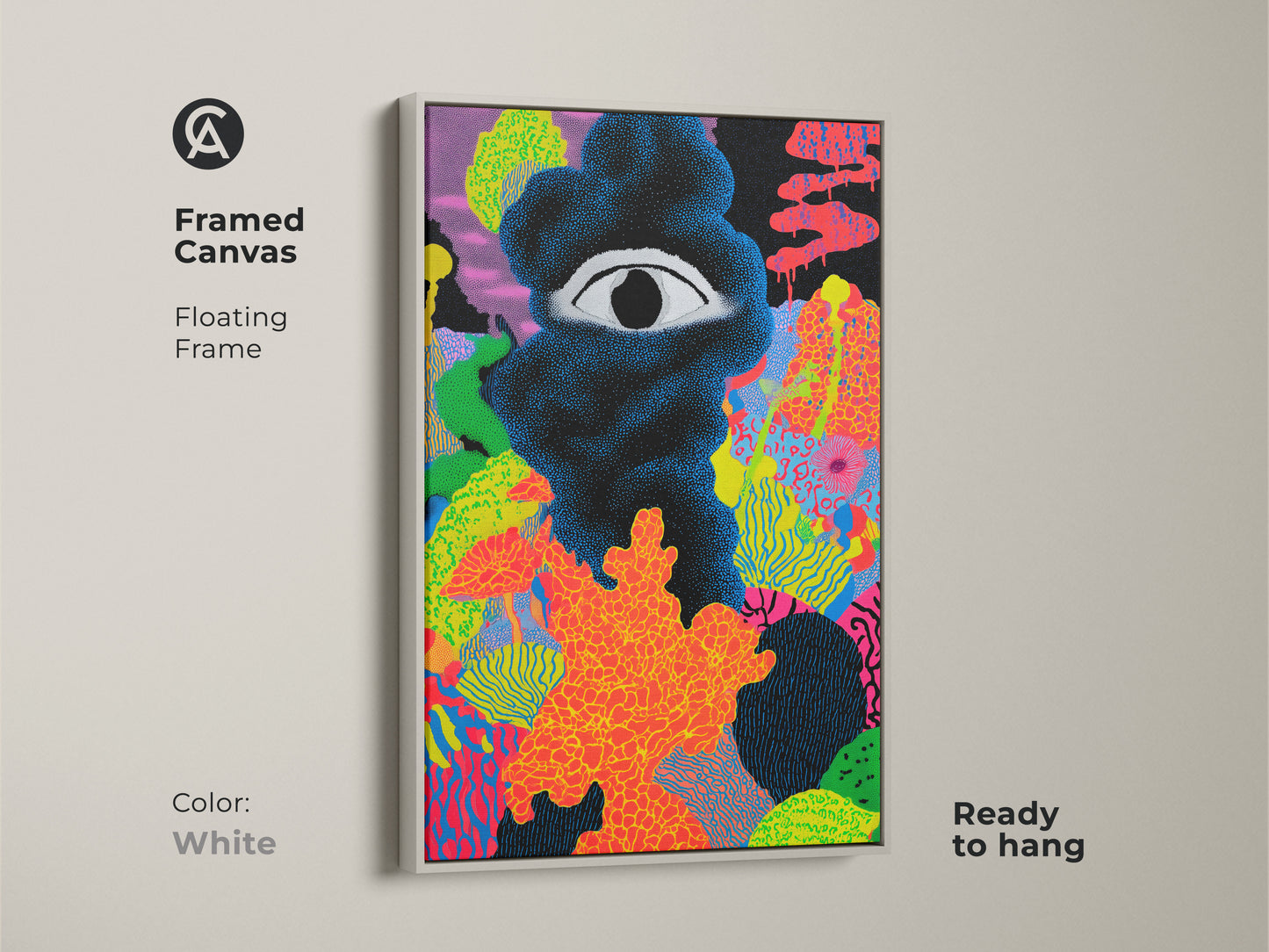Framed canvas with a white floating frame features abstract eye wall art. This neon orange abstract art creates colorful wall art print. Ready to hang this surrealism inspired art makes it a perfect gift for art lovers.