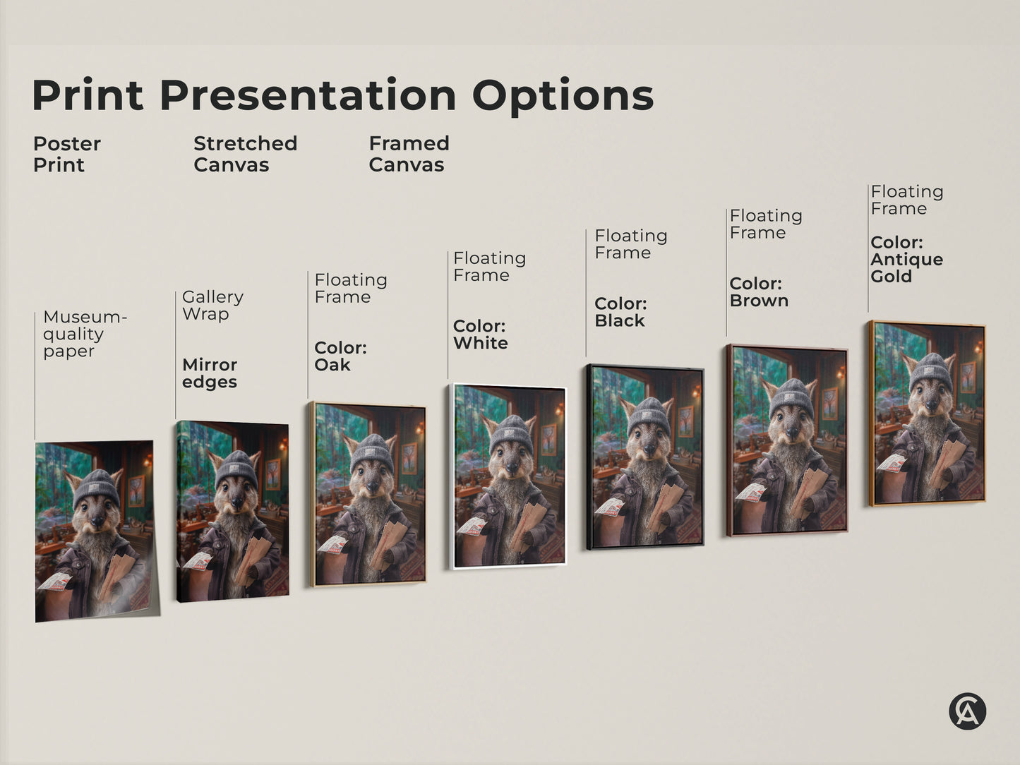 Explore the different print presentation options with the Kangaroo Postman artwork. Choose from poster prints stretched canvas and framed canvas. Find the perfect style to match your decor with black brown antique gold or white frames.