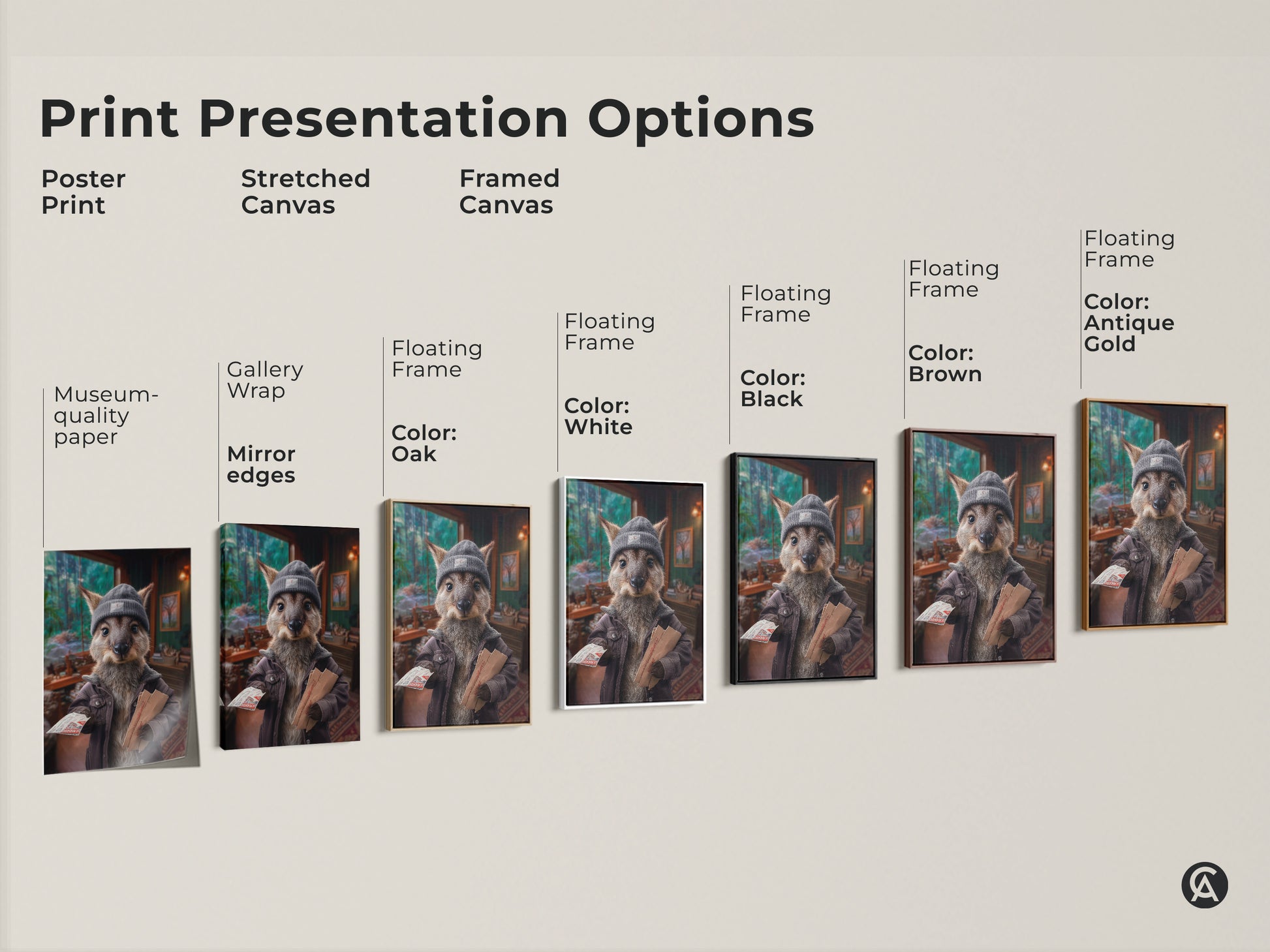 Explore the different print presentation options with the Kangaroo Postman artwork. Choose from poster prints stretched canvas and framed canvas. Find the perfect style to match your decor with black brown antique gold or white frames.
