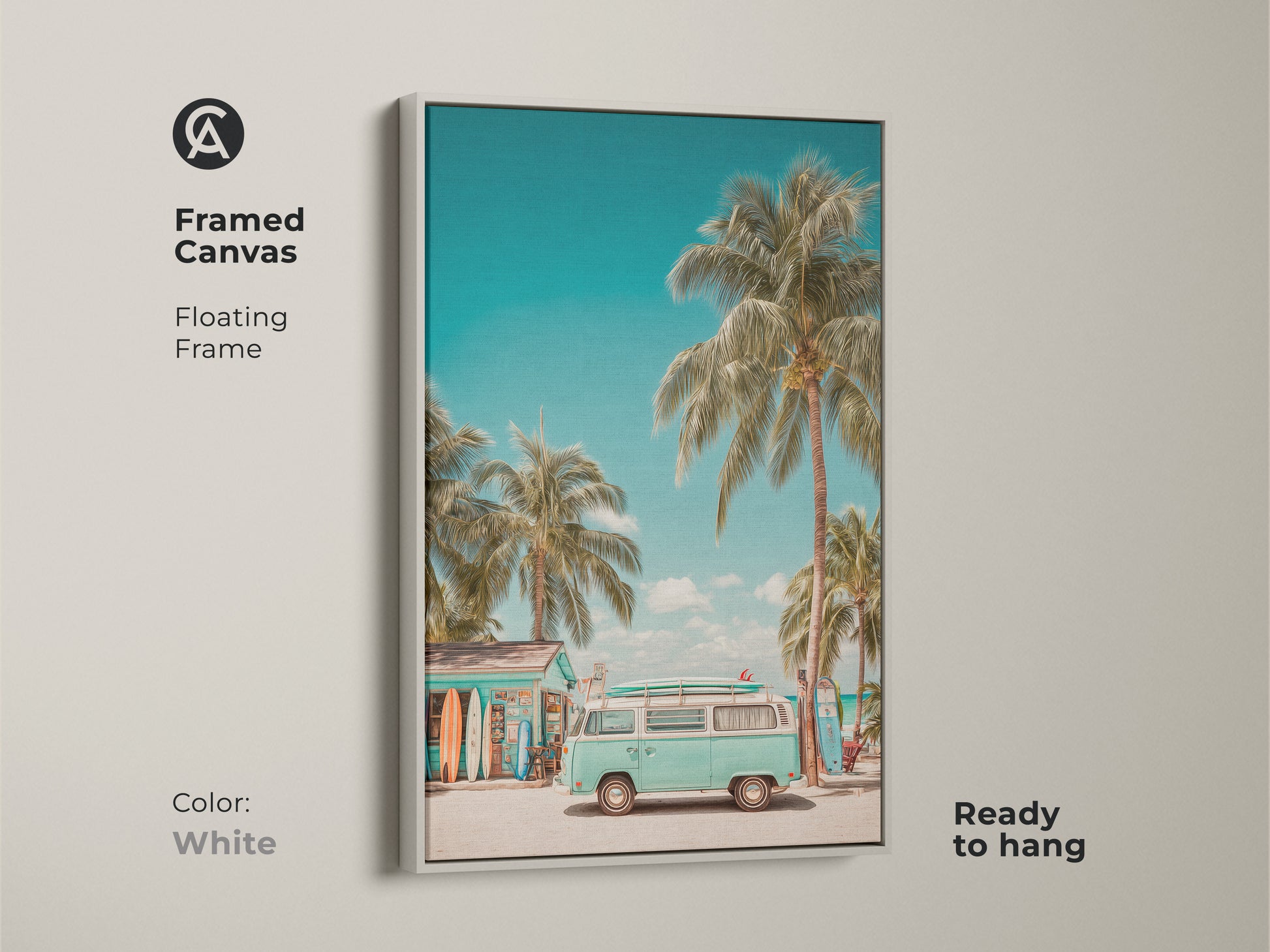 Framed canvas print of a VW bus parked by a surf shop on a sunny beach. The white floating frame complements the tropical palm trees and surfboards. This ready-to-hang artwork brings a refreshing summer vibe to your home decor.