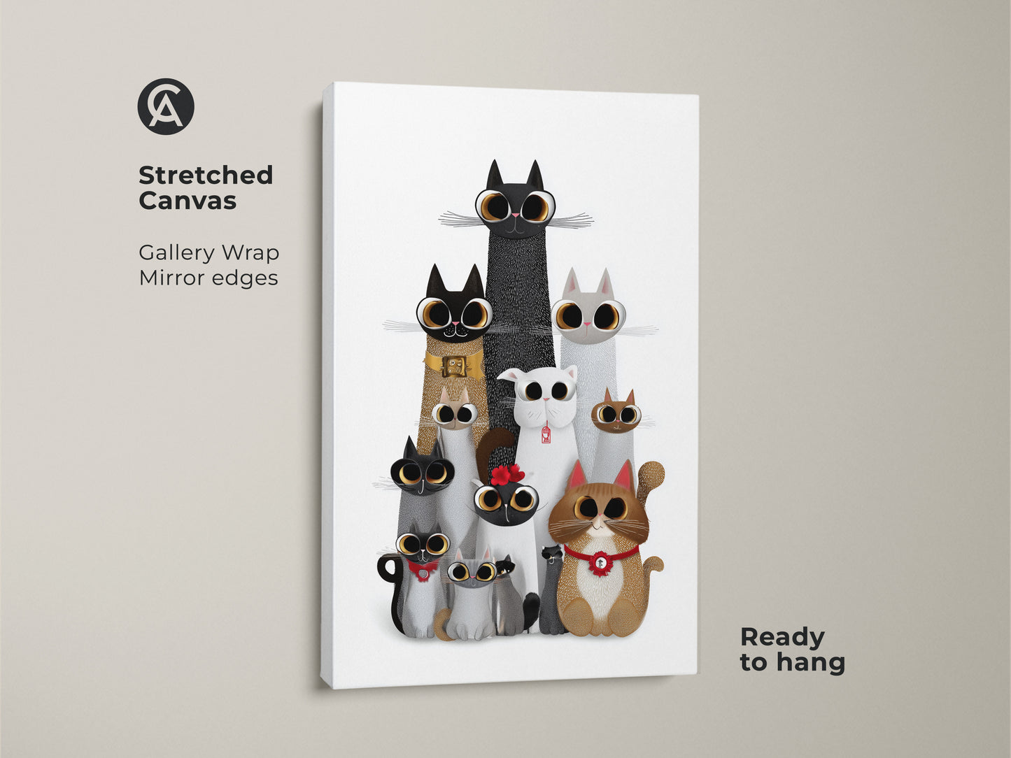 Stretched canvas cute cat art print. This gallery wrap features mirror edges. The whimsical animal wall art shows a charming family of cartoon cats. Ready to hang this eclectic cat family poster will add warmth to any room.