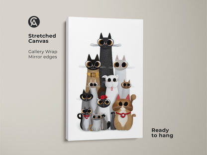 Stretched canvas cute cat art print. This gallery wrap features mirror edges. The whimsical animal wall art shows a charming family of cartoon cats. Ready to hang this eclectic cat family poster will add warmth to any room.