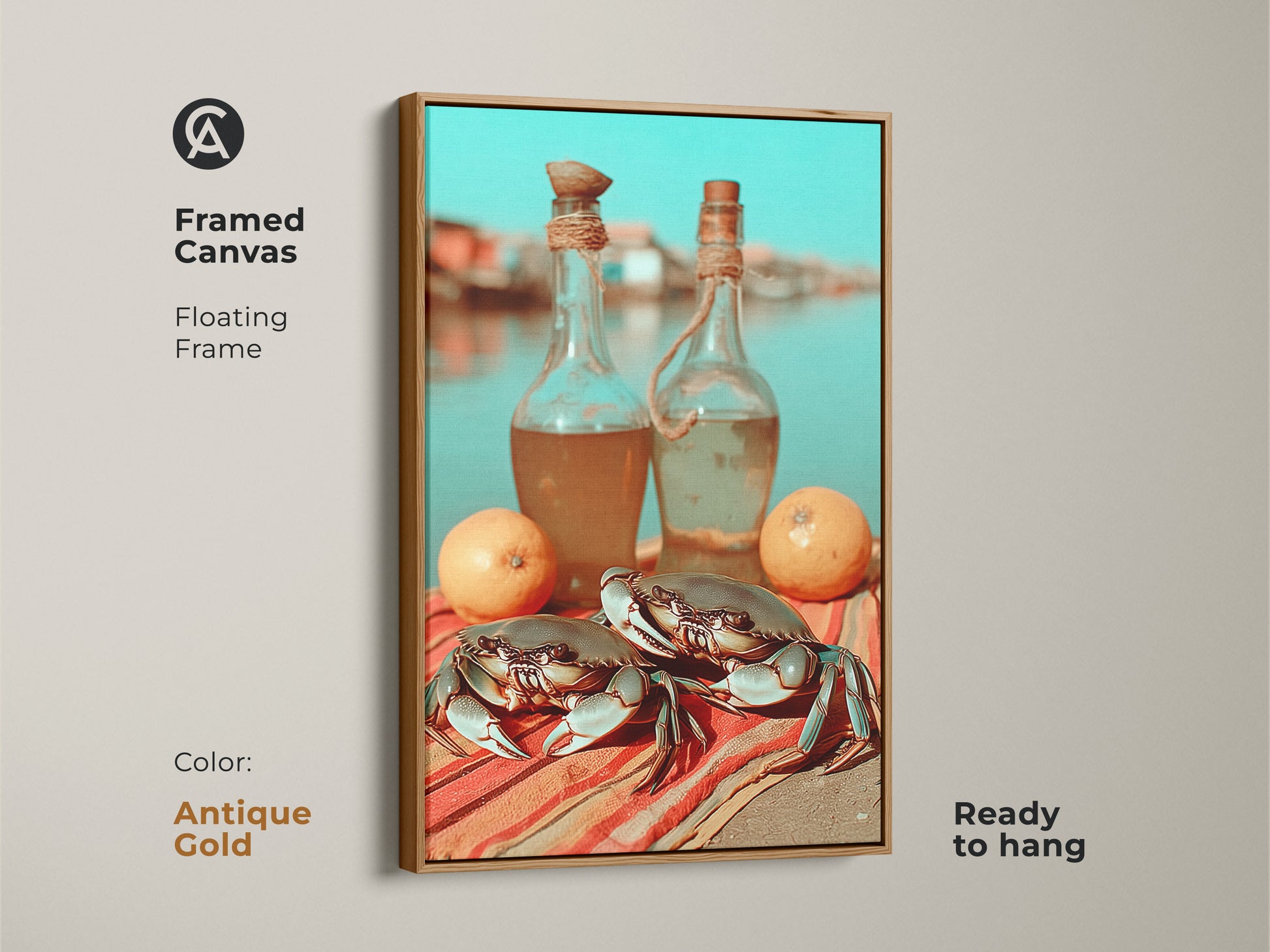 Antique gold framed canvas art print of crabs and lemons. Unique boho kitchen wall decor or housewarming gift. Orange red and turquoise colors add a vibrant touch. The seascape folk art brightens any dining space. Ready to hang for instant coastal charm.