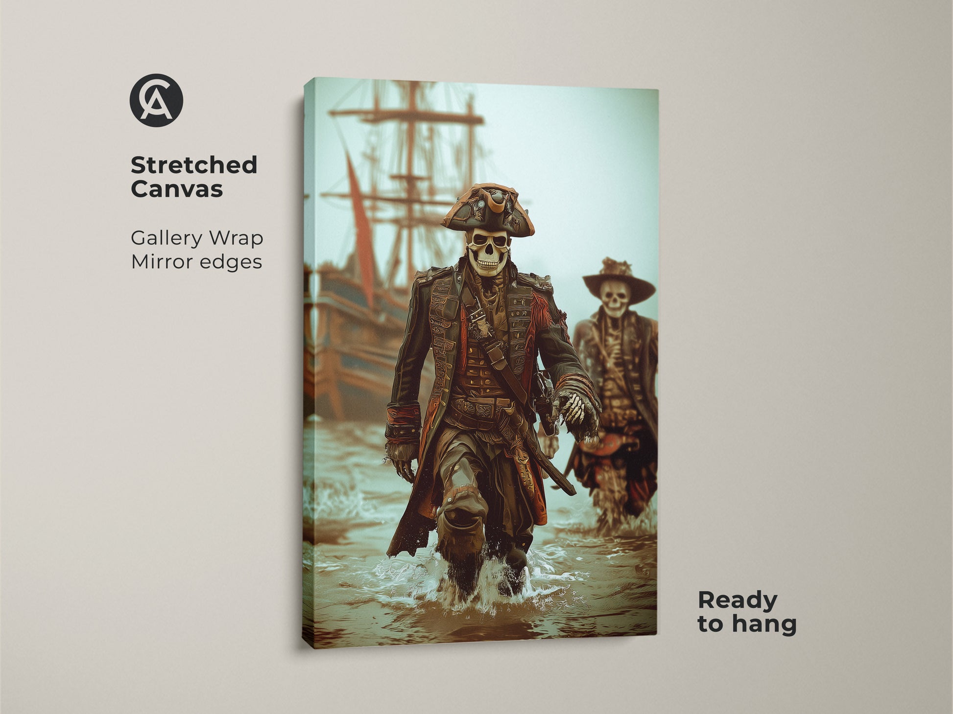 Stretched Canvas of a Skeleton Pirate Captain Art Print. This gallery-wrapped artwork has mirror edges and is ready to hang. The dark brown teal canvas brings gothic fantasy and nautical adventure to any space. Ideal for man caves nautical offices or Halloween gifts.