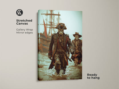 Stretched Canvas of a Skeleton Pirate Captain Art Print. This gallery-wrapped artwork has mirror edges and is ready to hang. The dark brown teal canvas brings gothic fantasy and nautical adventure to any space. Ideal for man caves nautical offices or Halloween gifts.