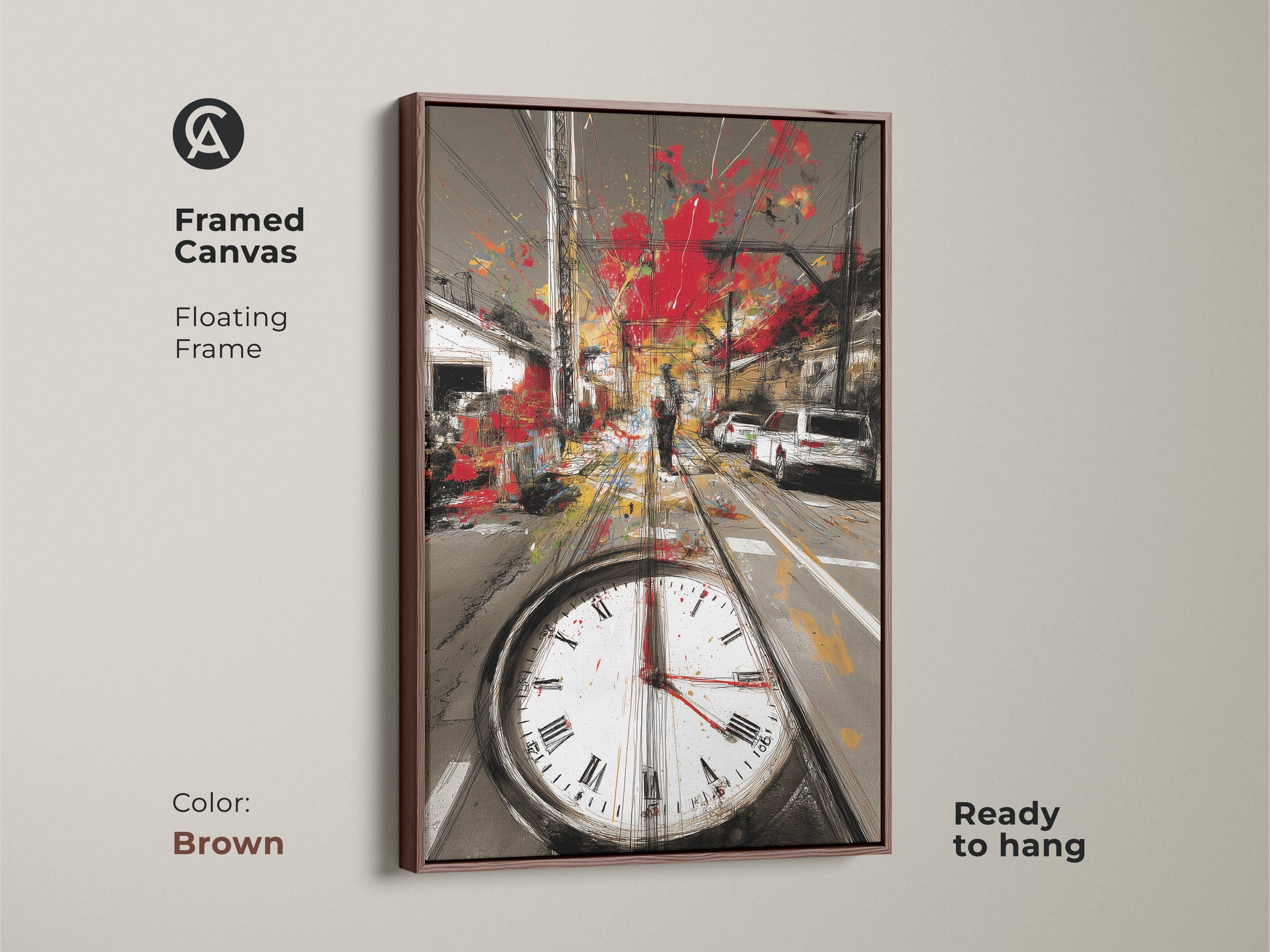 Framed canvas featuring a floating frame in brown showcasing an abstract cityscape. The red gray and yellow urban sketch includes tram tracks and a clock face. This contemporary artwork is ready to hang.