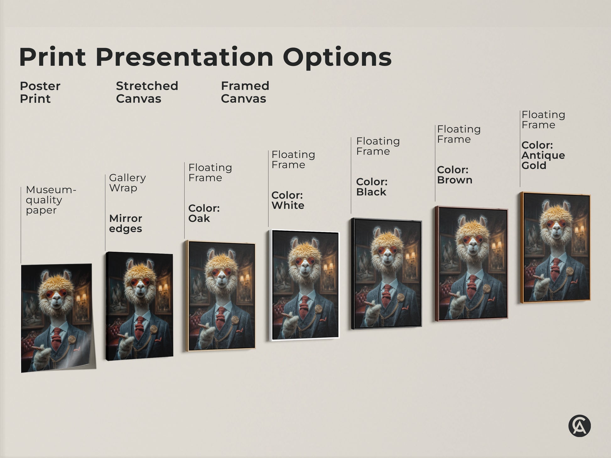 Explore print presentation options for the dapper alpaca gentleman art. Choose from poster prints to stretched and framed canvases. Each format enhances this eclectic animal portrait.