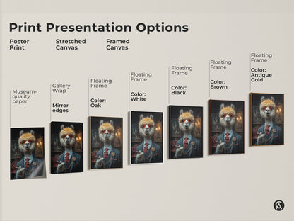Explore print presentation options for the dapper alpaca gentleman art. Choose from poster prints to stretched and framed canvases. Each format enhances this eclectic animal portrait.