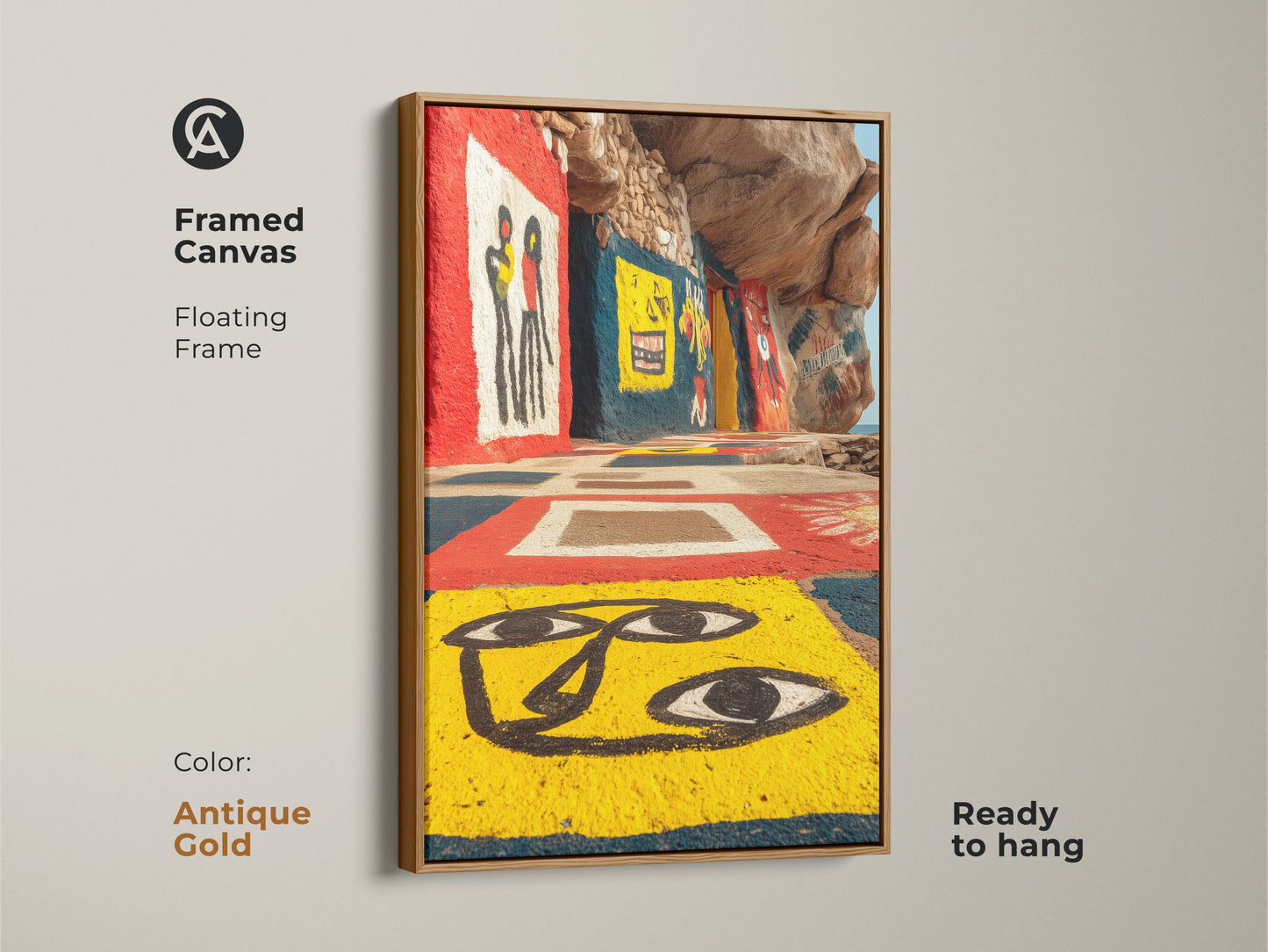 Add a touch of elegance with our art brut figurative print in an antique gold framed canvas. Ready to hang this piece highlights yellow red blue artwork. It is perfect for eclectic home decor and outsider art fans. This is a unique gift idea.