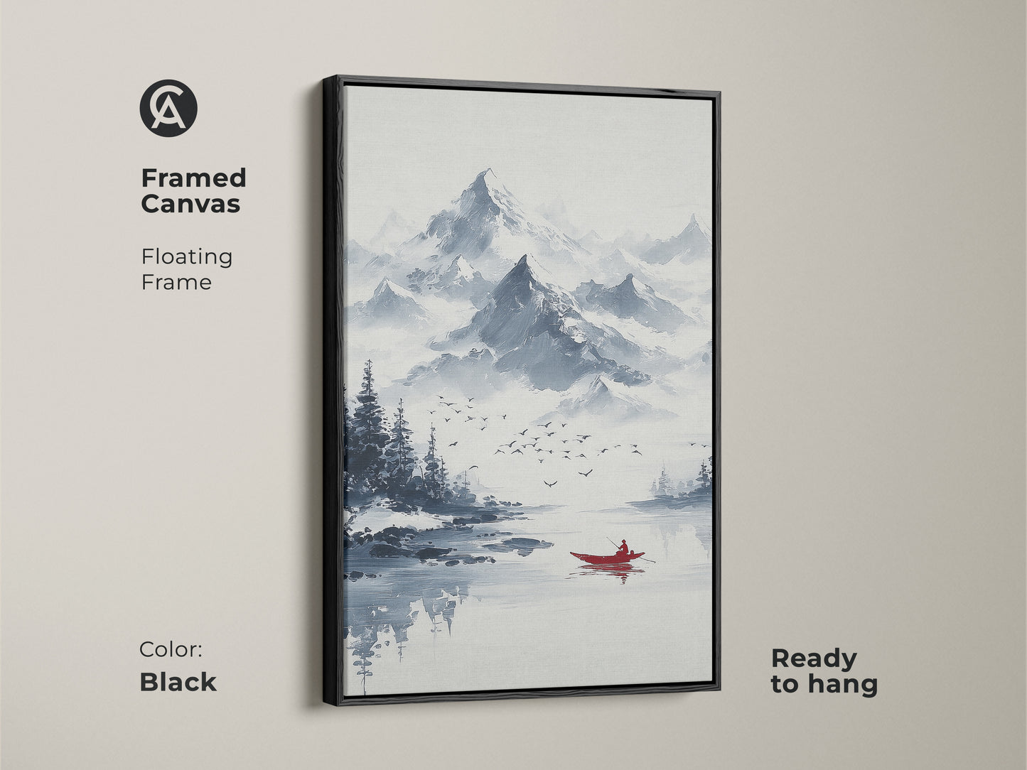 Framed canvas of ink wash mountain art. This minimalist boat canvas print features a floating black frame. Ready to hang this blue gray landscape art enhances a living room. The serene lake artwork is ideal for minimalist homes.