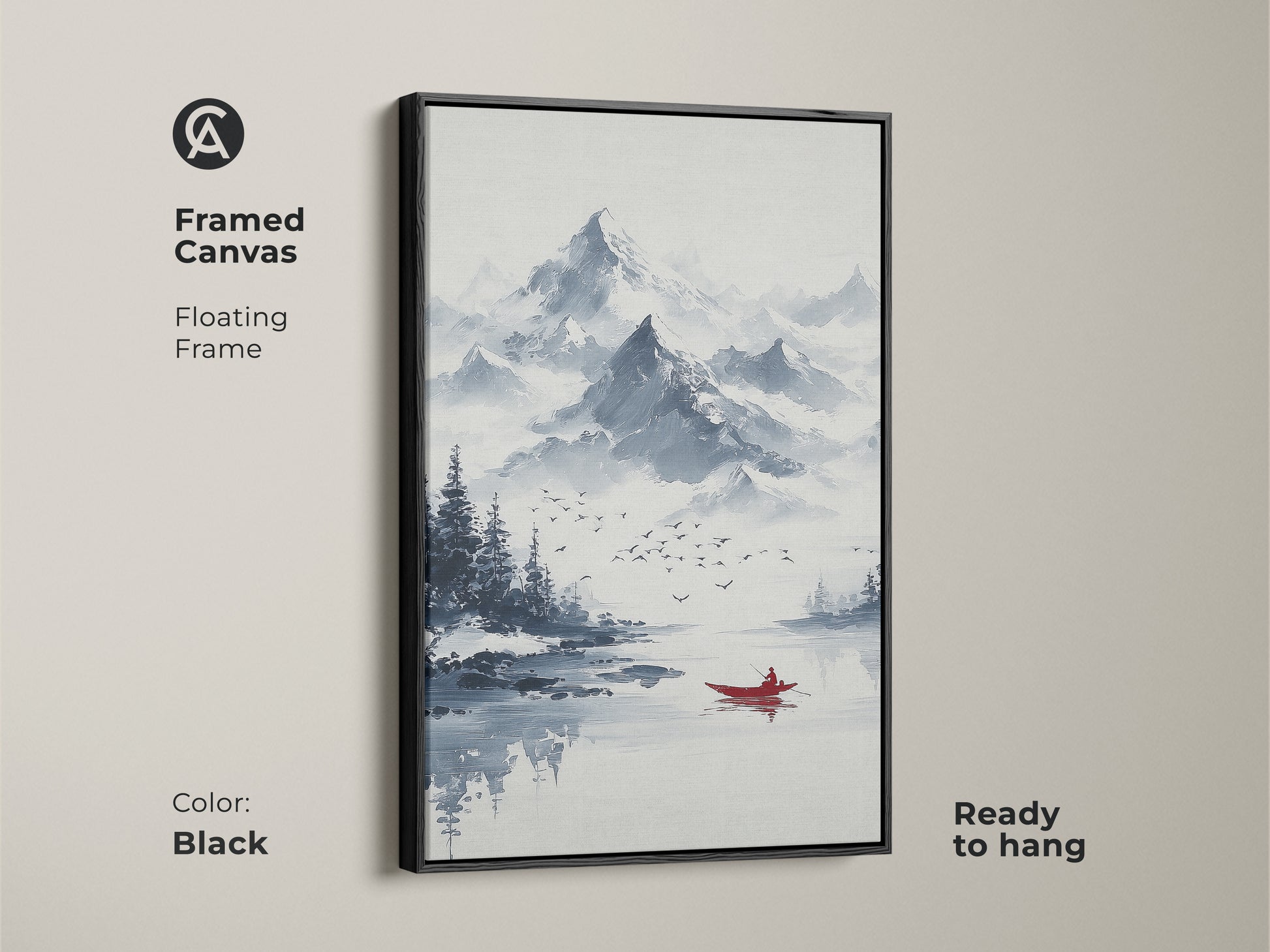 Framed canvas of ink wash mountain art. This minimalist boat canvas print features a floating black frame. Ready to hang this blue gray landscape art enhances a living room. The serene lake artwork is ideal for minimalist homes.