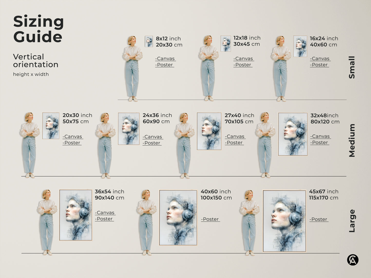 Sizing guide for vertical artwork featuring a woman with headphones. Available in small medium and large sizes. Find the ideal fit for your space. Explore canvas and poster options for this music-inspired art.